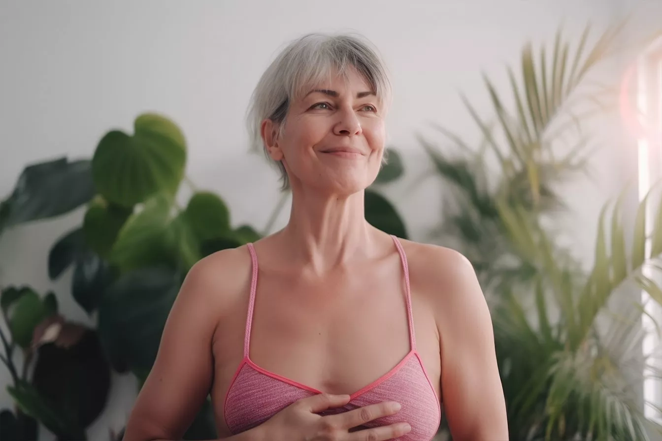 AI image of older woman in tanktop holding her breast