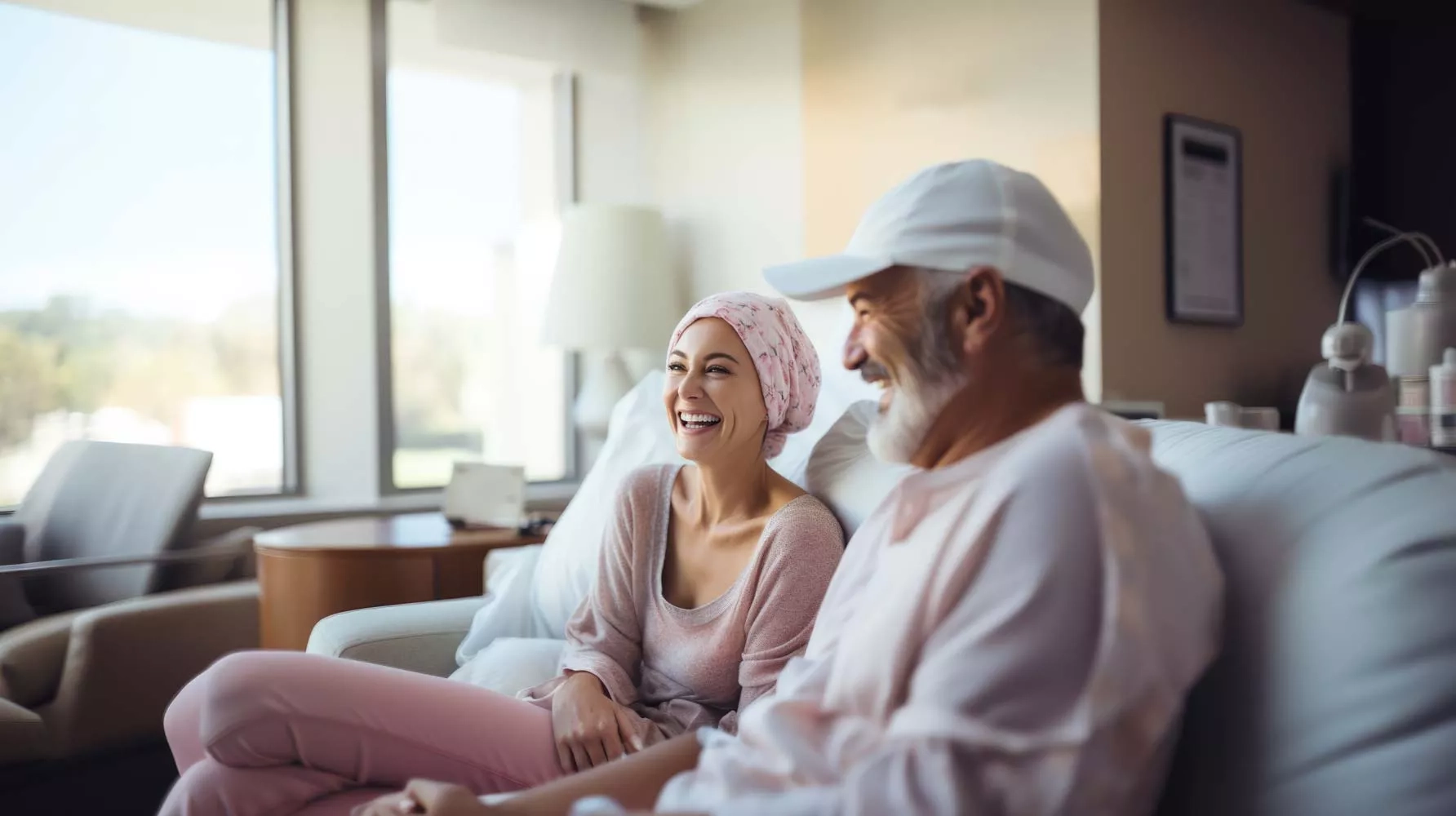 Breast cancer patient laughing in casual setting with husband